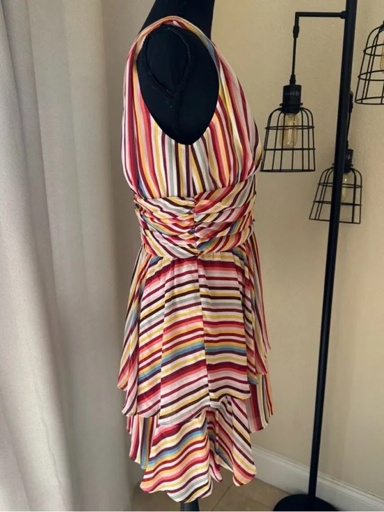 WAYF NWT Striped Ruffle Mini Dress Medium Ruched Feminine - Picture 4 of 7